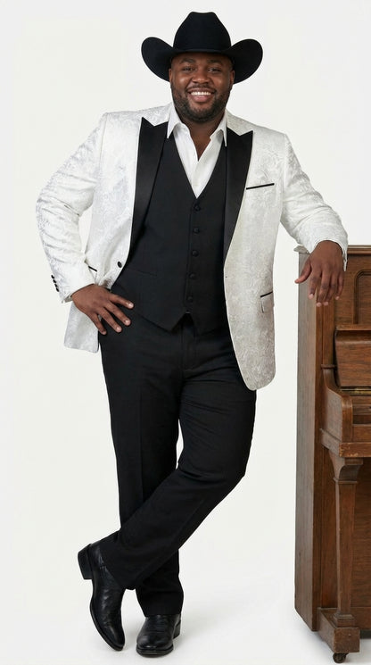 Men’s White Paisley Cowboy Tuxedo with Black Satin Lapel – Western Formal Wedding Suit Jacket