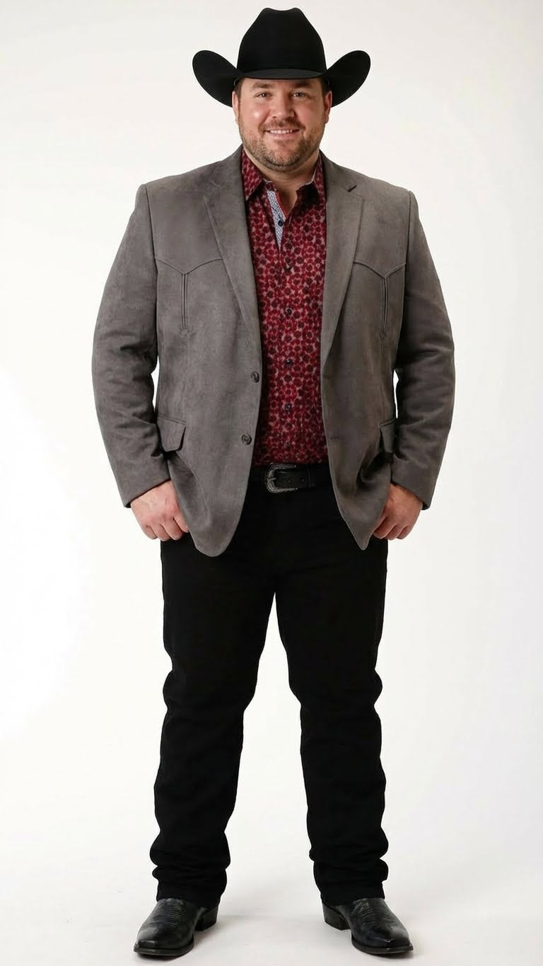 Men’s Charcoal Gray Western Faux Suede Blazer – Double Button Cowboy Jacket for Wedding & Party Wear