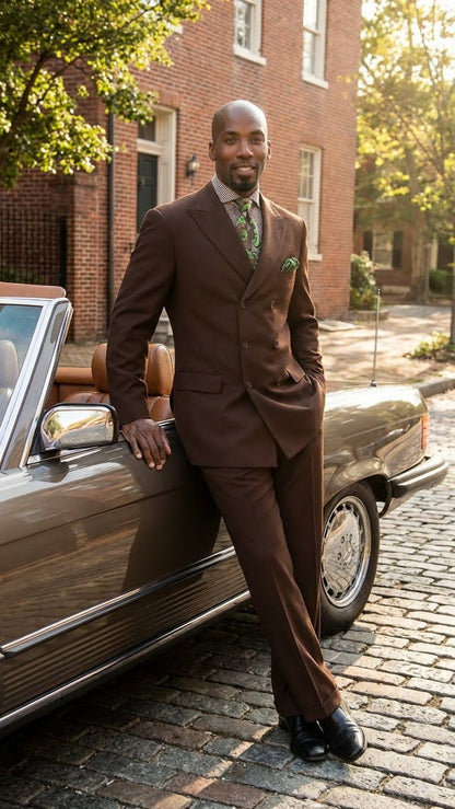 Men’s 6 on 3 Style Brown Double Breasted Suit with Wide Leg Pleated Pants, Classic Formal 2 Piece Dress Suit Set