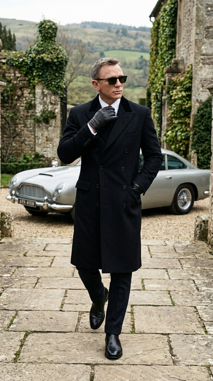 Men’s Black Double Breasted Overcoat, James Bond Inspired Long Formal Coat for Weddings, Business Events, Parties, and Winter Occasions