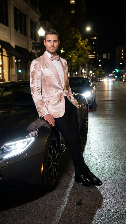 Men’s Pink Blush Floral Jacquard Blazer with Embellished Shawl Lapel – Luxury Party and Wedding Wear Jacket
