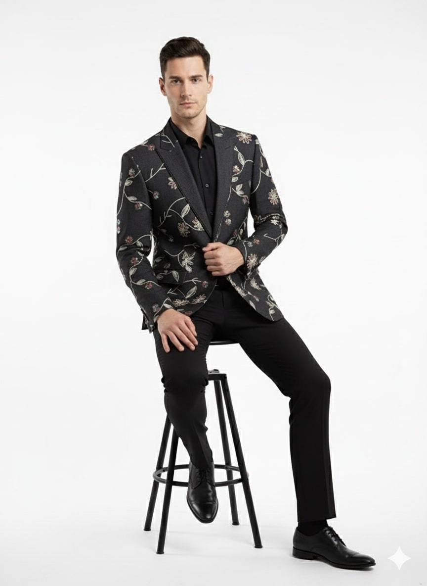 Luxury Black Floral Embroidered Blazer for Men – Designer Party and Wedding Wear Jacket