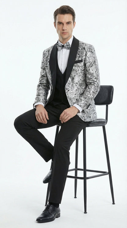 Mens Black and Silver Floral Tuxedo – Luxury Patterned Wedding, Prom and Formal Dinner Tuxedo