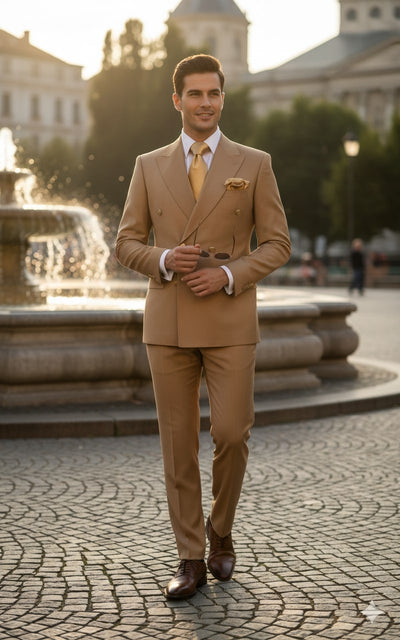 Mens Camel - Bronze - Goldish khaki Double-Breasted Suit – Luxury 2-Piece Formal Set with Gold Buttons and Peak Lapels by Rossi Man 8   - from alligatorwarehouse.com