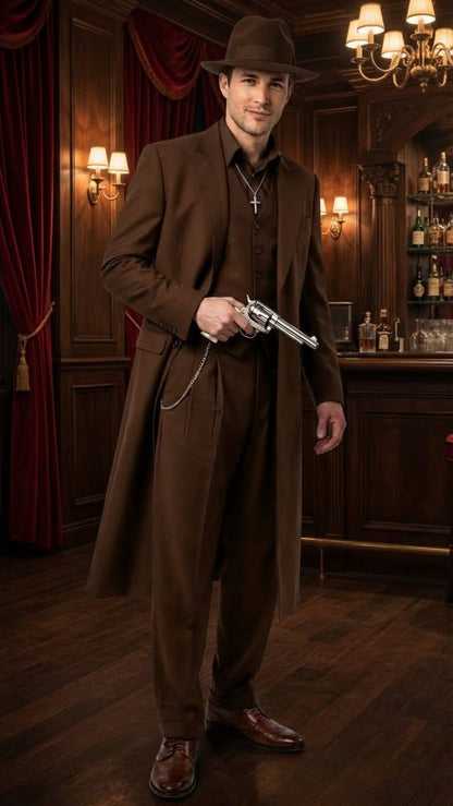 Men’s Brown 1920s Zoot Suit – Long Gangster Mafia Zuit Vintage Three-Piece Costume Set Pachuco Style