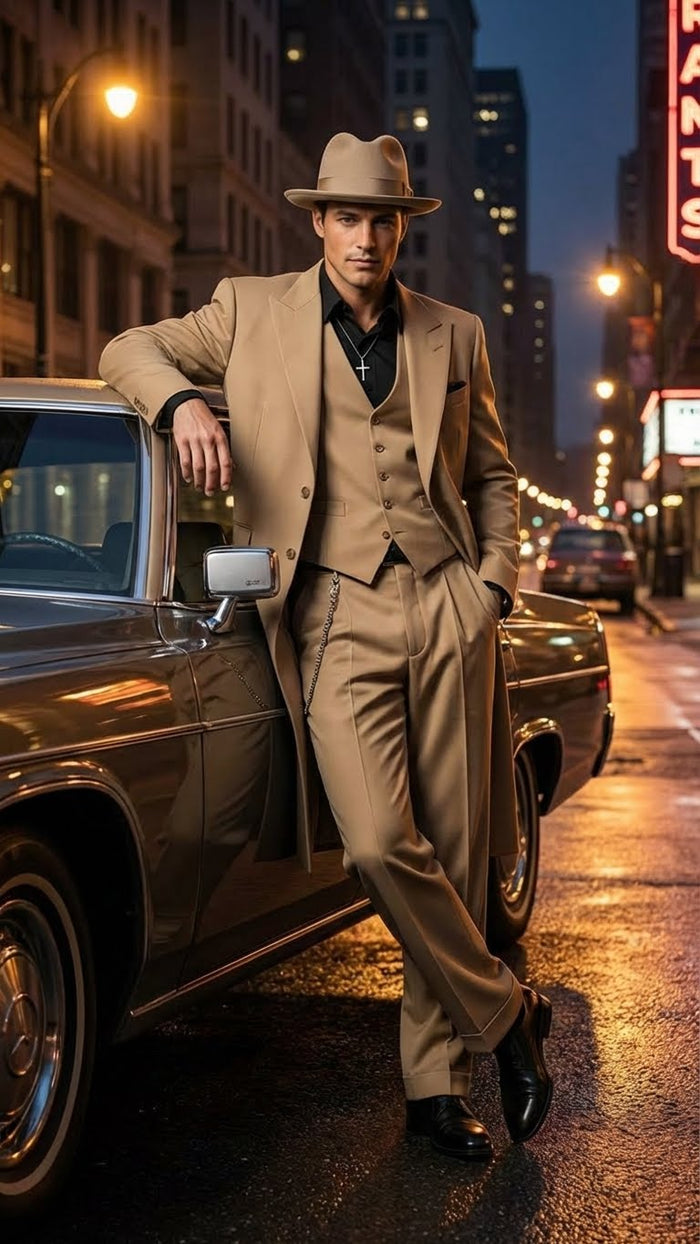 Men’s 1920s Beige Zoot Suit – Long Mafia Gangster Three-Piece Suit in Tan Khaki Color 40 inch Zuit Pachuco Suit