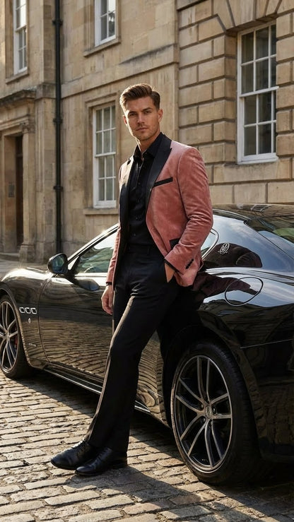 Men’s Dusty Rose Pink Velvet Blazer with Black Satin Lapel | Formal Sport Coat in Mauve Color + Bowtie