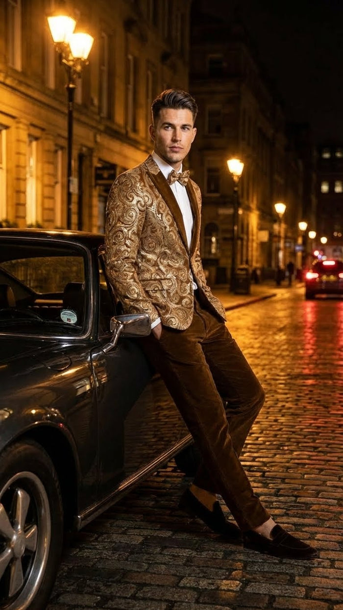 Men’s Goldish Light brown Tuxedo dinner Jacket Embroidered Blazer – Velvet Jacket for Formal Paisley Pattern Coffee Mocca Color