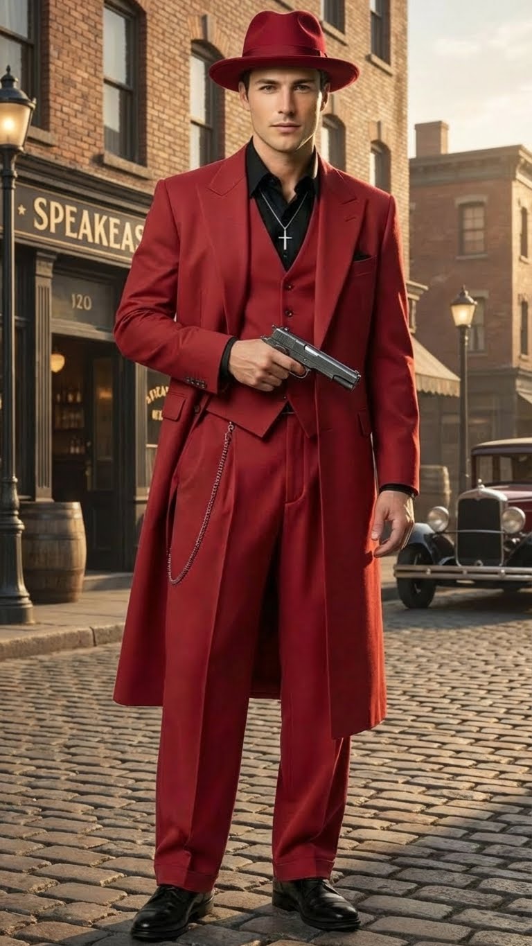 Men’s 1920s Red Zoot Suit – Long Mafia Gangster Three-Piece Vintage Outfit Zuit Pachuco Style