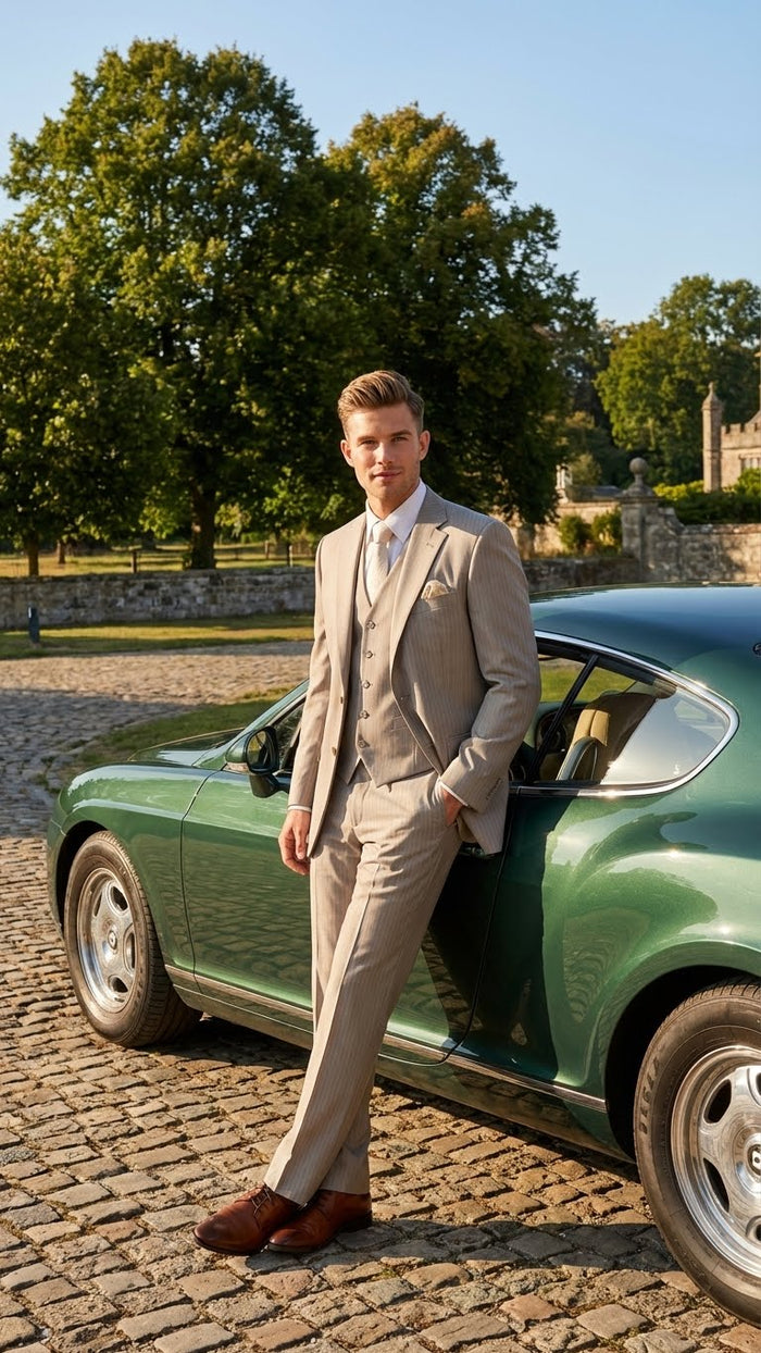 Men’s Light Tan Pinstripe 3 Piece Suit with Jacket, Vest, and Pants | Shadow Stripe Tone Tone Pleated Pants Classic