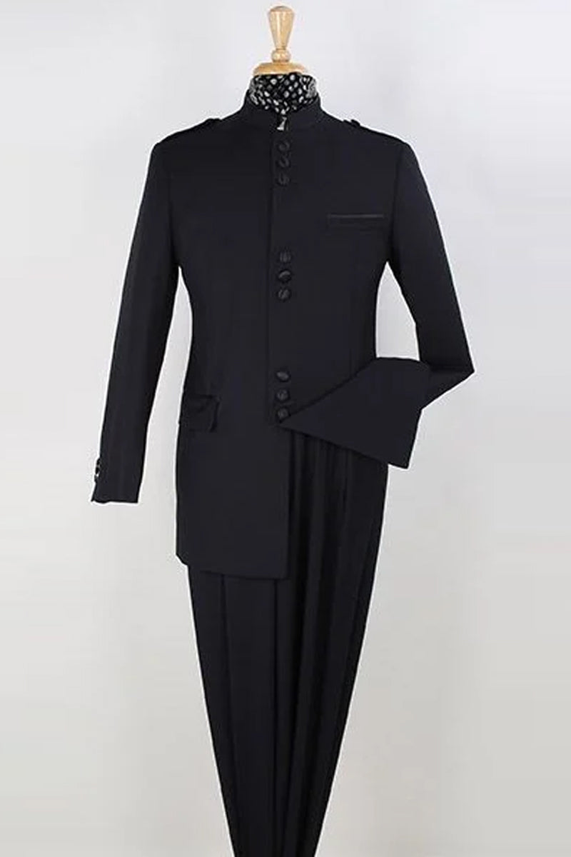 Apollo King Black Mandarin Collar Safari Suit