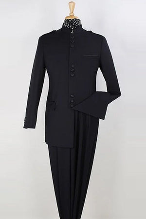 Apollo King Black Mandarin Collar Safari Suit