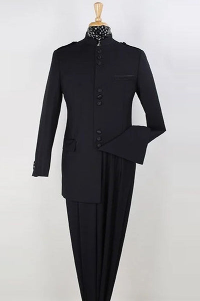 Apollo King Black Mandarin Collar Safari Suit