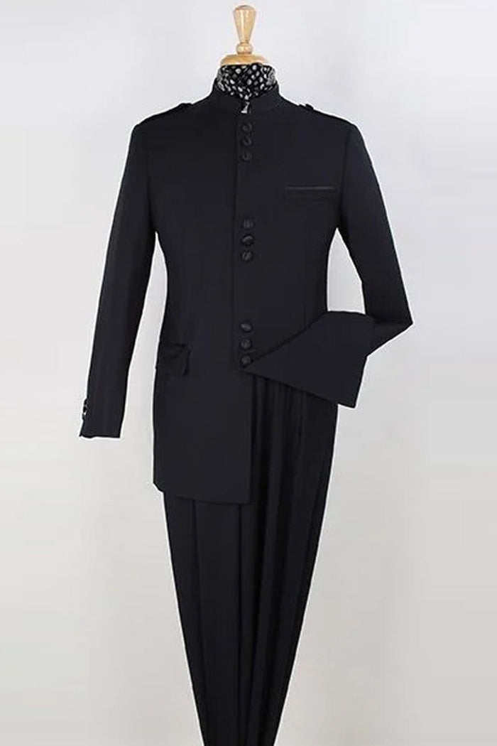 Apollo King Black Mandarin Collar Safari Suit