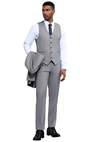 Men's Stacy Adams Modern Fit Vested Tonal Windowpane Plaid Suit in Light Grey 4 SM186H1-02-38R  - from alligatorwarehouse.com