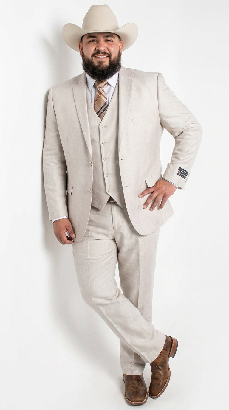 Men’s Sand champaign  Western Cowboy 3-Piece Suit – Light Cream Wedding Suit with Vest & Pants Slim Fitted