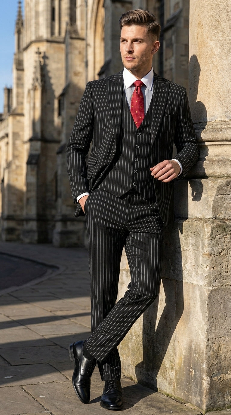 Men’s Gomez Addams Black Pinstripe 3 Piece Suit – Vintage Gangster Gothic Style Suit