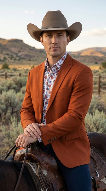 Men’s Rust Cowboy Western Blazer – Copper Brick  Color Two Button Sport Coat Peak Lapel Modern Fit