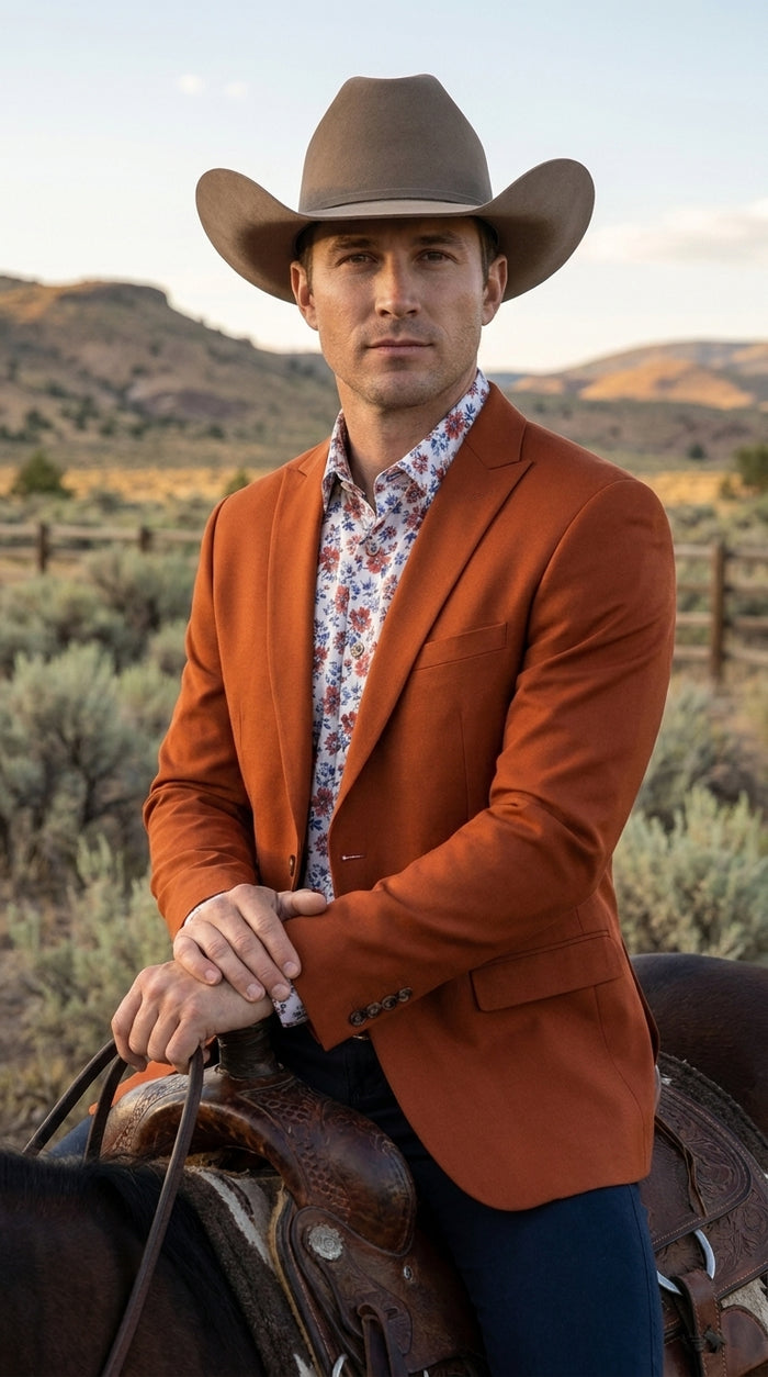 Men’s Rust Cowboy Western Blazer – Copper Brick  Color Two Button Sport Coat Peak Lapel Modern Fit