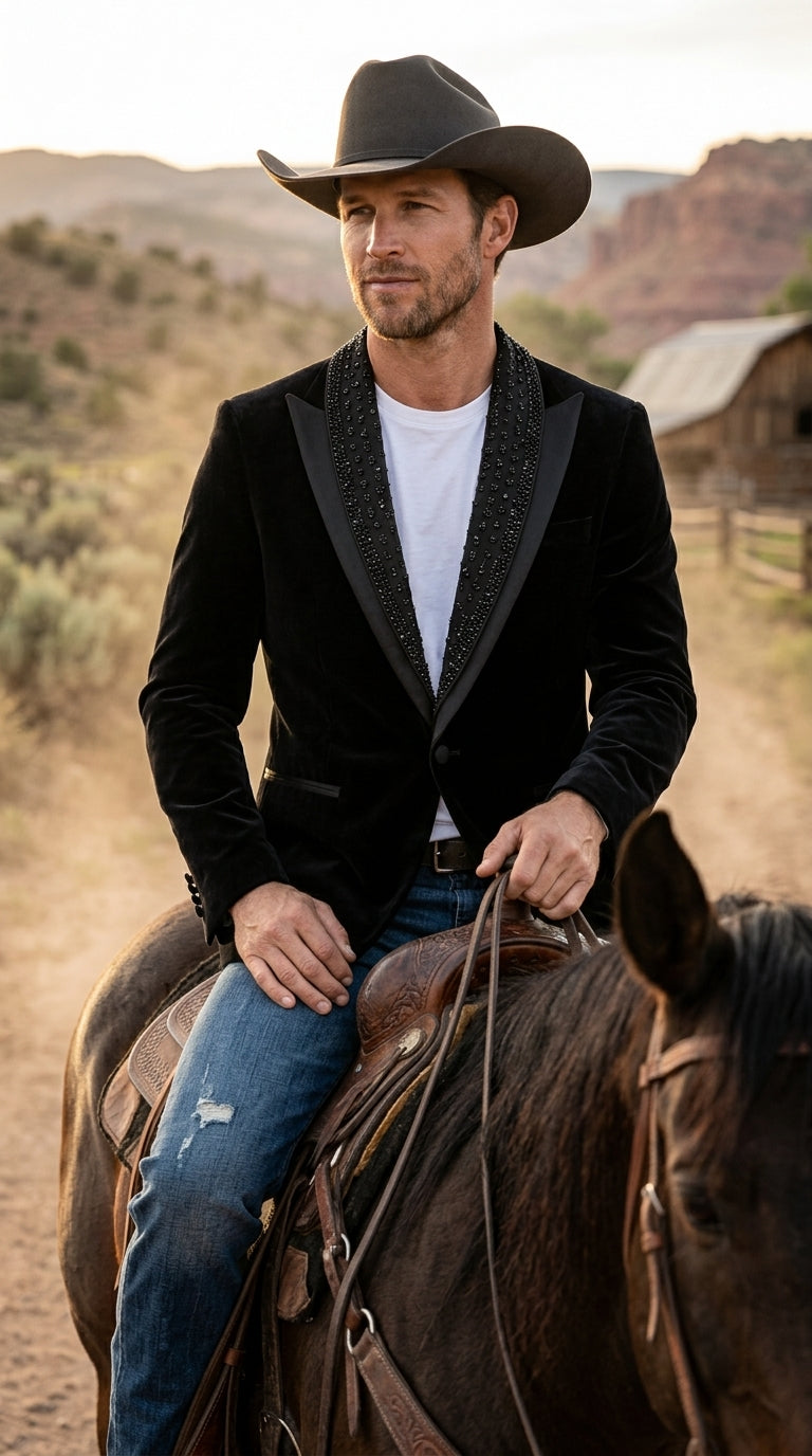 Men’s Black Velvet Western Blazer – Rhinestone Formal Cowboy Sport Jacket Removable Rhinestone Glitter Lapel