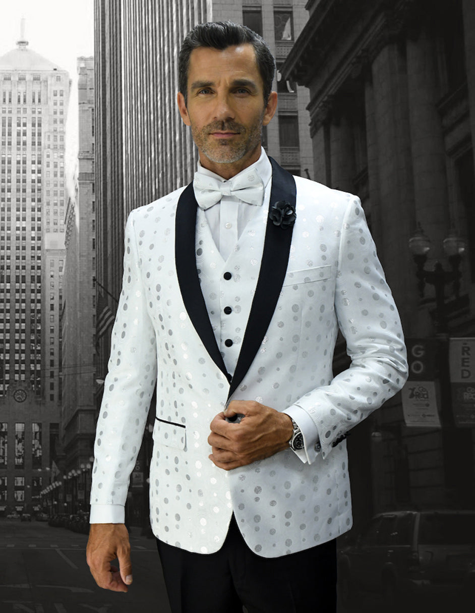 Mens Vested Polka Dot Tuxedo in White 1 BELAGIO13_WHITE_40S  - from alligatorwarehouse.com