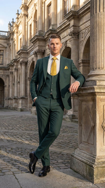 Mens Vitali 3 Piece Suit W/Scoop Vest Hunter Green 3-Piece Suit –, Big Peak Lapel  Vest and Pants  Modern Fit Two Buttons