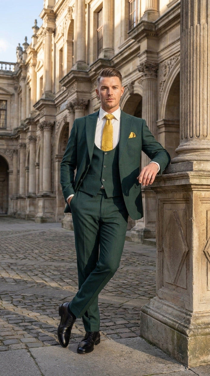 Mens Vitali 3 Piece Suit W/Scoop Vest Hunter Green 3-Piece Suit –, Big Peak Lapel  Vest and Pants  Modern Fit Two Buttons