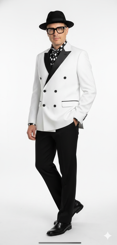 Men’s White and Black Double-Breasted Tuxedo – Modern Slim Fit Formal Suit for Weddings, Parties, and Special Occasions 2   - from alligatorwarehouse.com