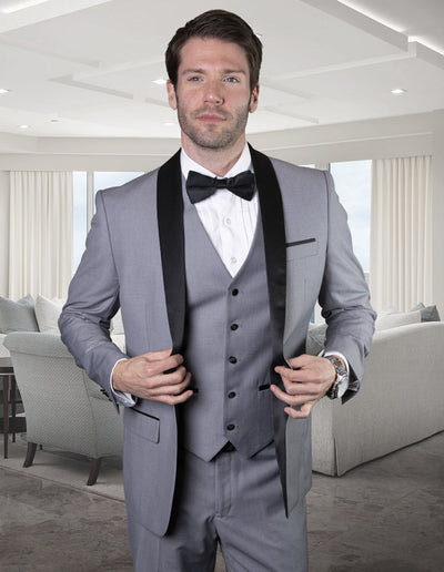 Mens Wool One Button Modern Fit Vested Shawl Tuxedo in Grey & Black 1 TUX-SH_GREY_36S  - from alligatorwarehouse.com