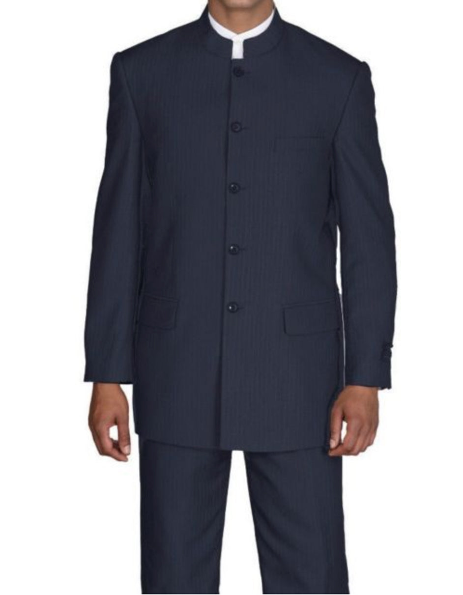 Mens 5 Button Mandarin Collar Suit in Navy Pinstripe 1 6M-5898  - from alligatorwarehouse.com