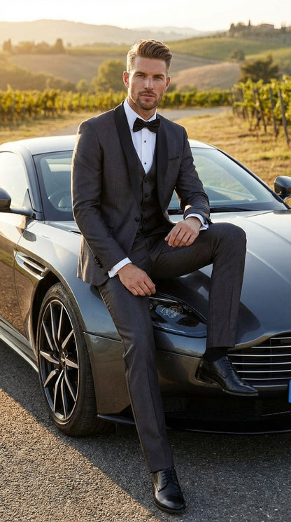 Men’s Shiny Sateen Charcoal Gray Tuxedo Three Piece Suit with Black Shawl Lapel | Formal Wedding Prom Suit Sharkskin