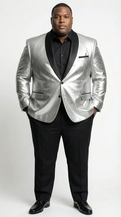 Men’s Shiny Silver Blazer with Black Lapel – Luxury Metallic Formal Jacket for Party, Evening and Special Events
