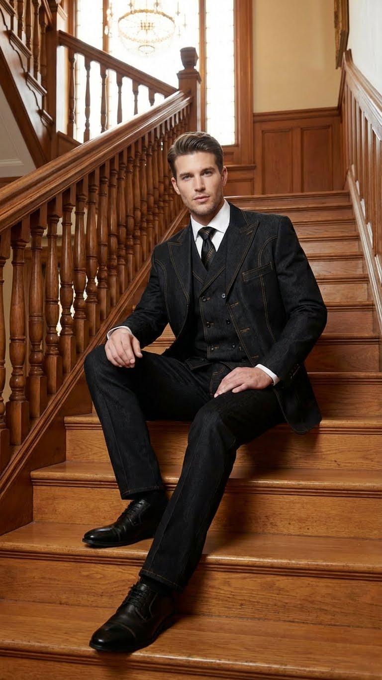 Men's Black Denim Fabric Suit – Classic Three Piece Denim Suit for Wedding, Prom and Church Wear