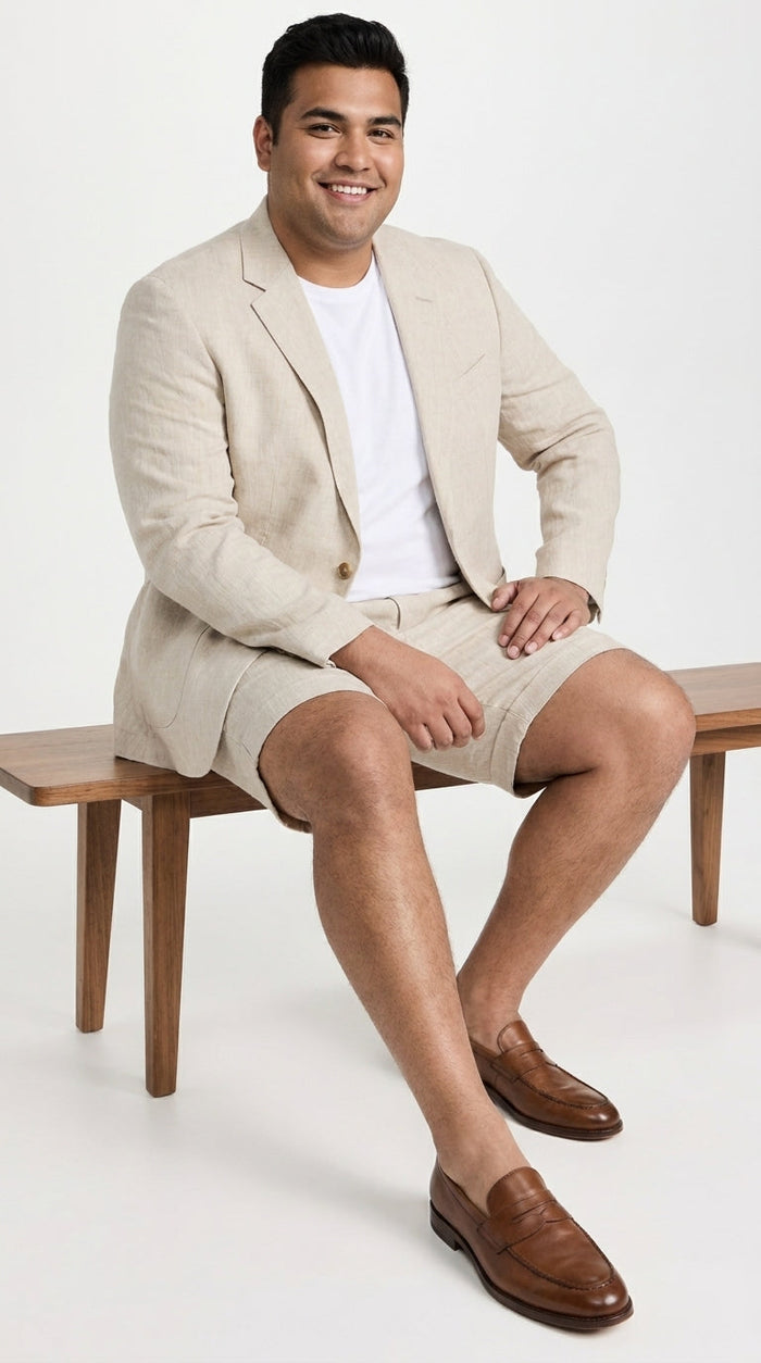 Men’s Tan Linen Suit with Shorts, 2 Piece Summer Short Suit, Casual Beach Wedding Outfit