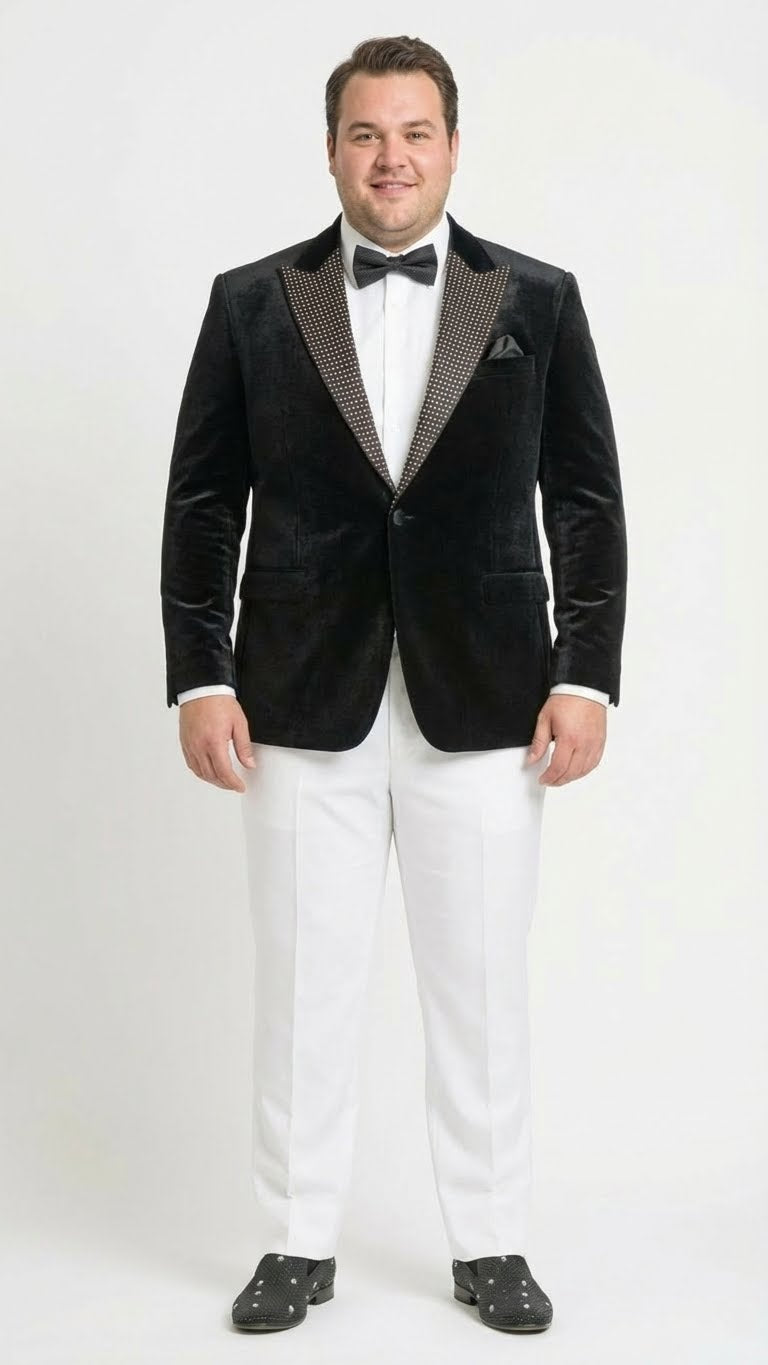 Men’s Black Velvet Tuxedo Blazer with Studded Lapel – Formal Evening Jacket