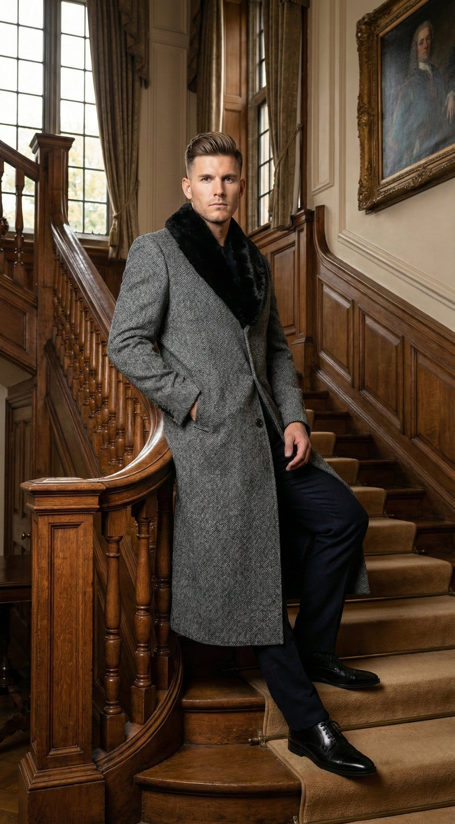 Men's Grey Herringbone Tweed Long Overcoat with Black Faux Fur Collar, Classic Winter Topcoat