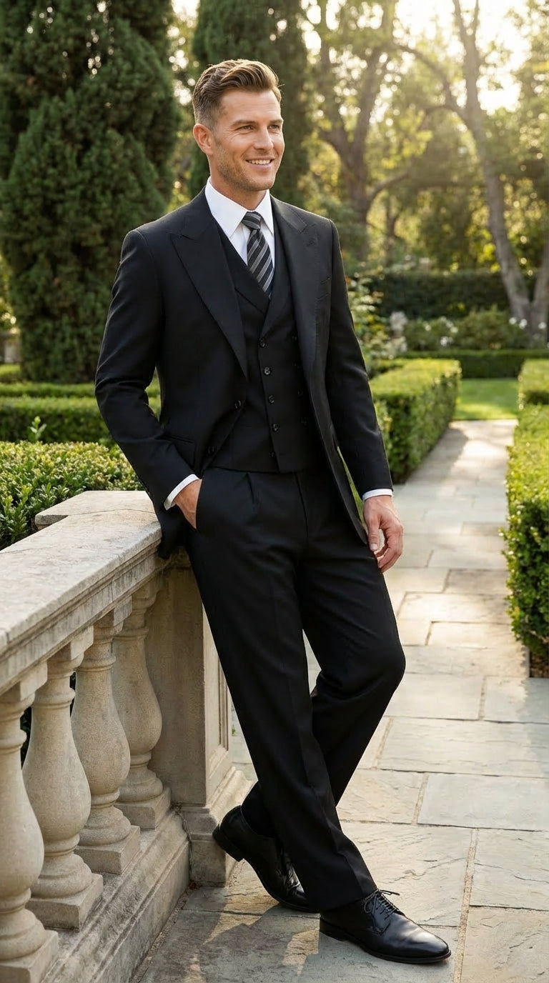 Tiglio Mens Black 3 Piece Suit – Single Button Classic Fit Pleated Wide Leg Pants Formal Business Church Suit - 100% Wool