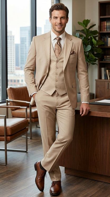 Men’s Tan Beige 3 Piece Tuxedo Suit – Beige Formal Suit Set with Vest, Patterned Lapel and Tie for Wedding, Prom in Tan Khaki Color