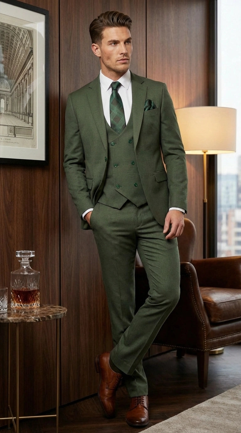 Men’s Forest Green Three Piece Suit – Double Breasted Vest Formal Wedding and Business Suit Set Olive Green Slim Fit