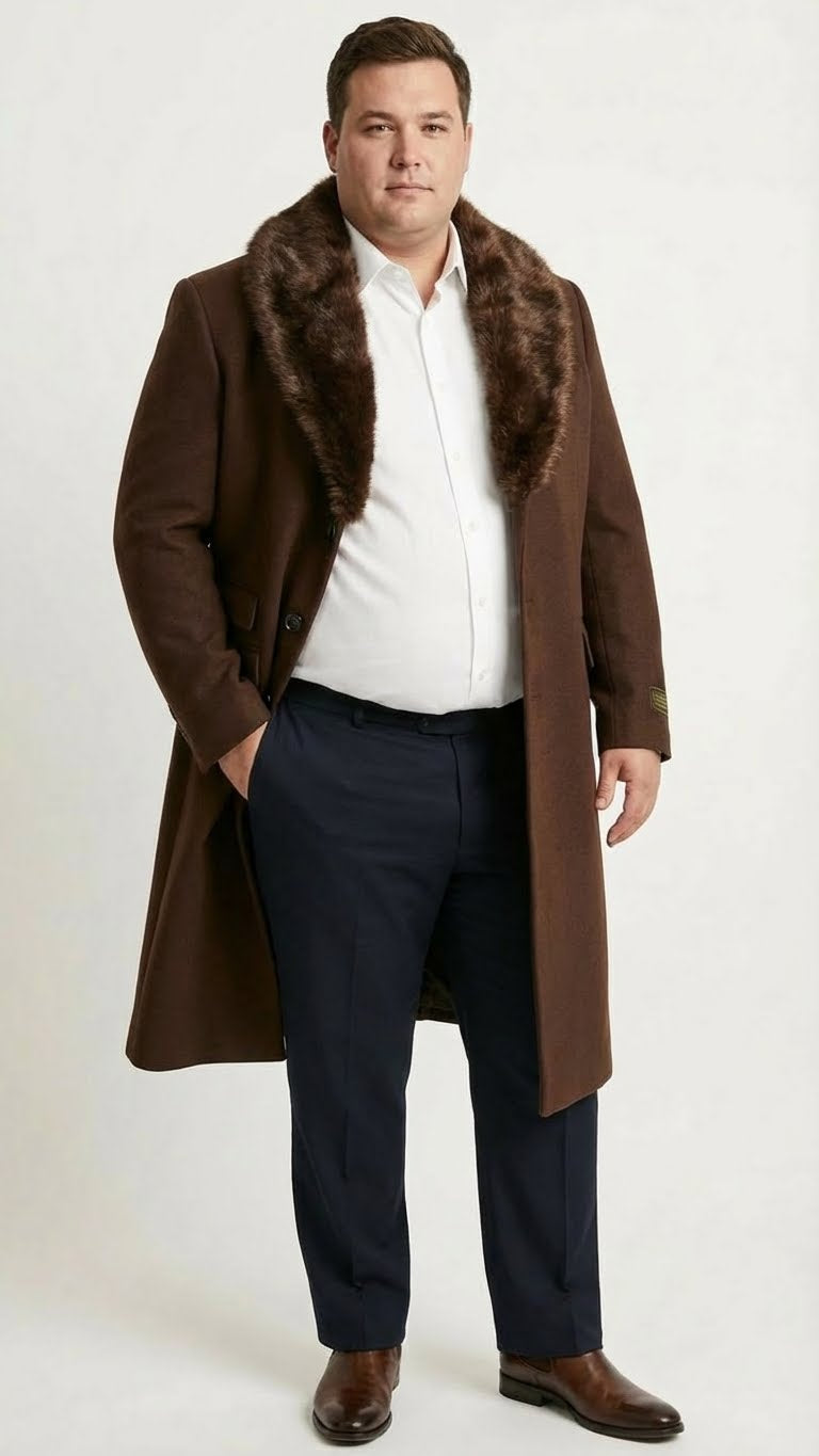 Men’s Brown Long Overcoat with Faux Fur Collar – Classic Winter Formal Coat Three Quarter Carcoat Wool and Cashmere Fabric