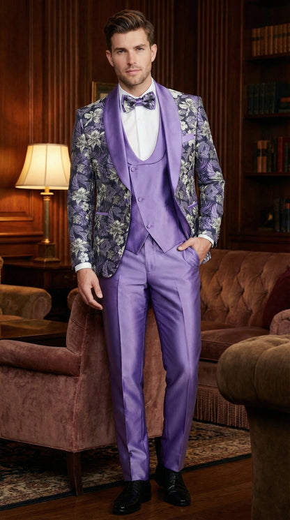 Men’s Purple Floral Prom Suit with Shawl Lapel – Luxury Formal Tuxedo Outfit for Prom, Wedding and Special Events