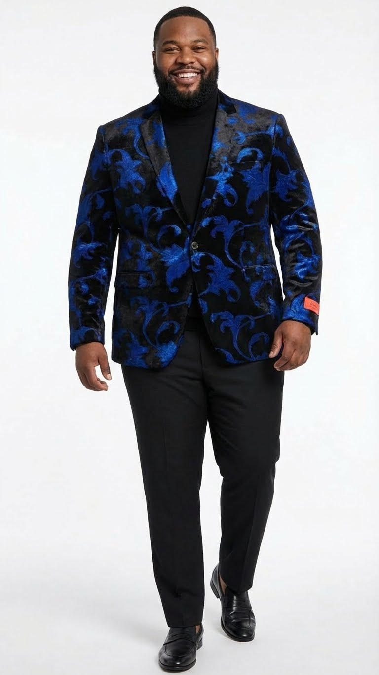 Men’s Black and Royal Blue Patterned Blazer – Paisley Floral Sport Coat Prom Jacket