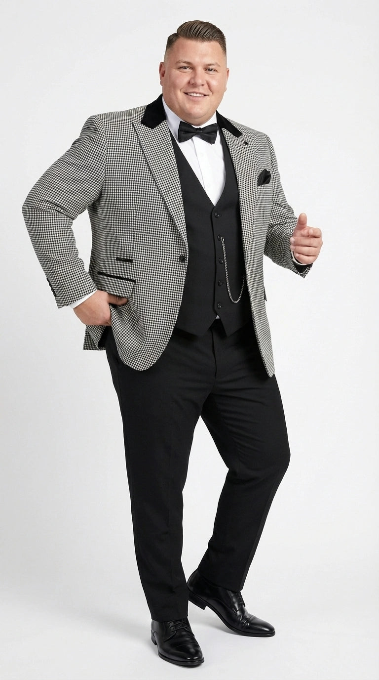 Men’s Black and White Houndstooth Gatsby Inspired Suit – Vintage Style Formal Suit for Wedding, Prom and Classic Events Blazer + Black vest + Black Pants