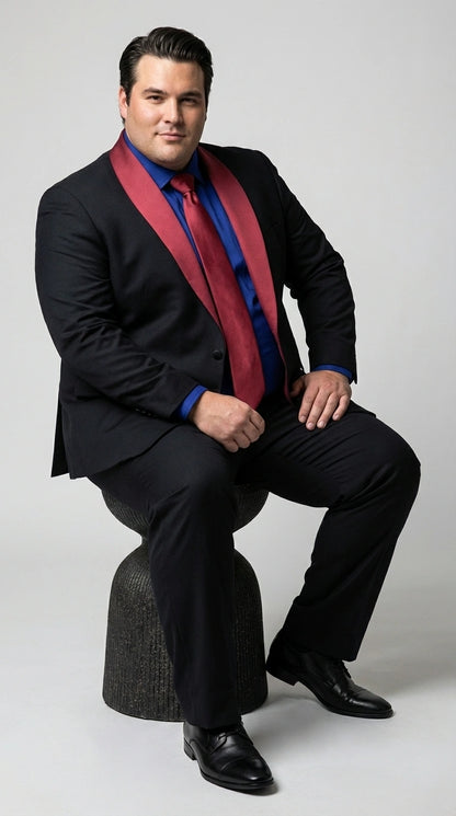 Men’s Black Suit with Burgundy Shawl Lapel –  Formal Tuxedo Suit for Wedding, Prom and Evening Events + Bowtie & Tie