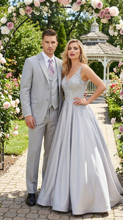 Men’s Light Gray 3 Piece Suit – Ice Silver Gray Formal Suit Set with Vest, Patterned Lapel and Tie for Wedding, Prom and Business Events