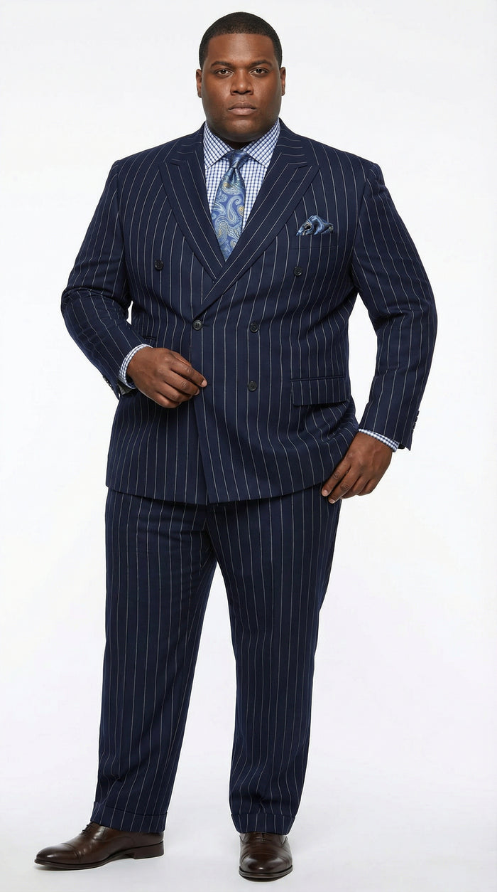 Men's Navy Blue Double Breasted Pinstripe Suit – Modern Fit