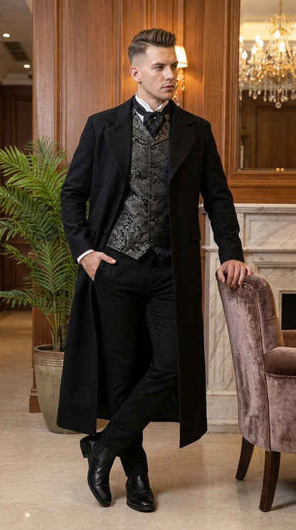 Men’s Matrix Neo Inspired Black Wool Duster Coat – Long Gothic Victorian Full Length Overcoat