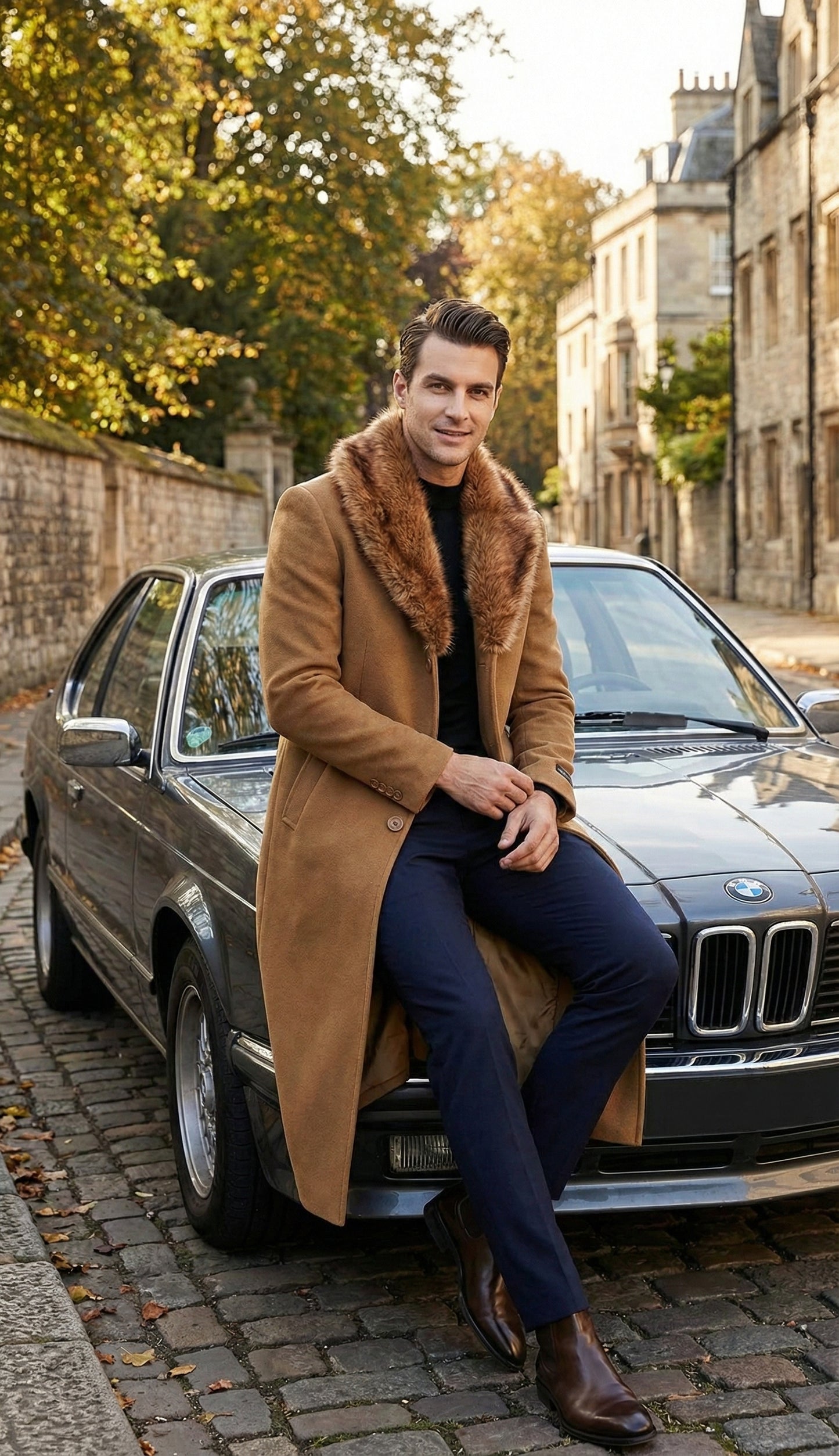 Men's Camel Brown Long Overcoat with Faux Fur Collar, Classic Winter Topcoat for Formal and Business Wear