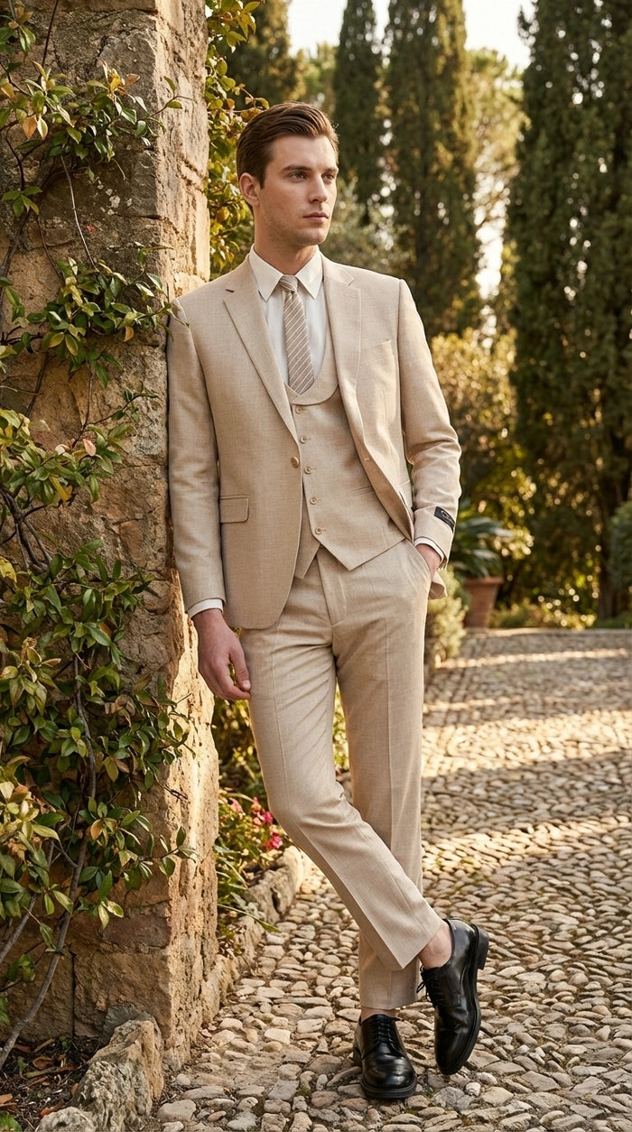 Mens Sand Beige 3 Piece Suit – Double breasted Vest Formal Suit Set  and Dress Pants in Champaign Natural Summer Color