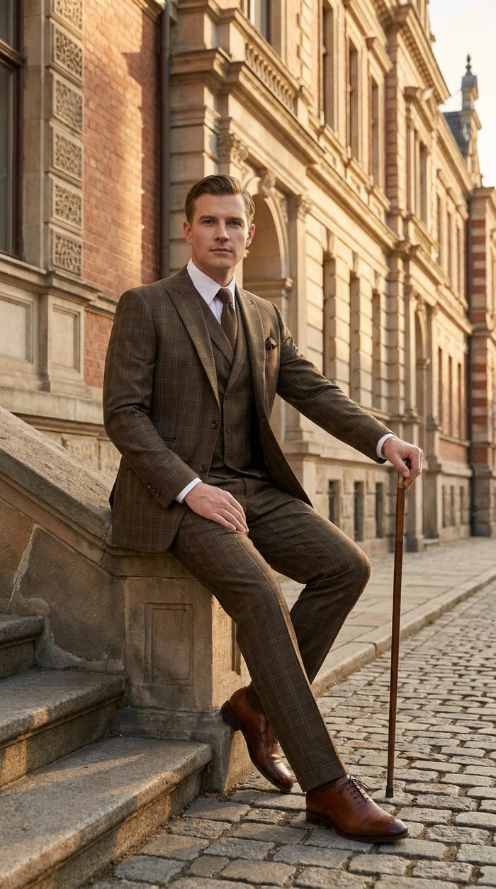 Men’s 1930s Brown Plaid 3 Piece Suit, Vintage Formal Wedding Business Dress Suit Set